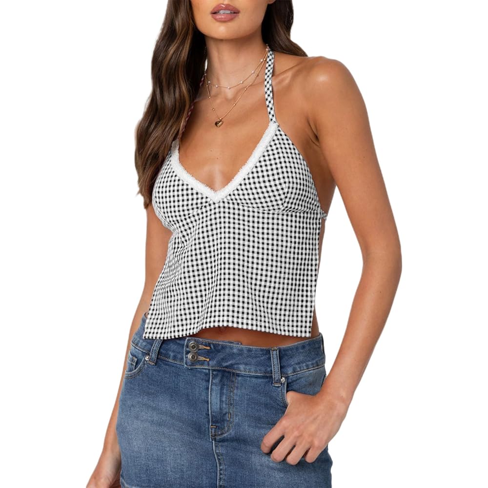 Women Girls Terry Trim V-Neck Halterneck Top Sleeveless Open